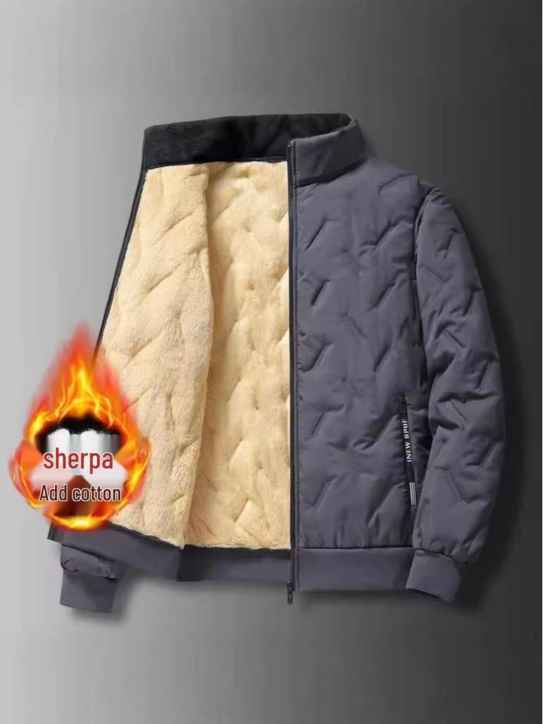 Men's Windproof Lambskin Cotton Winter Coat with Velvet, Thick, Loose Fit, Stand Collar, Large Size.