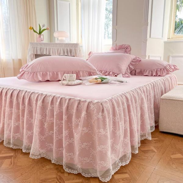 French Lace Embroidered Bed Skirt Small Fresh Solid Color Cotton Bed Cover Thin Gauze Hem Anti Slip Bed Sheets and Bedding