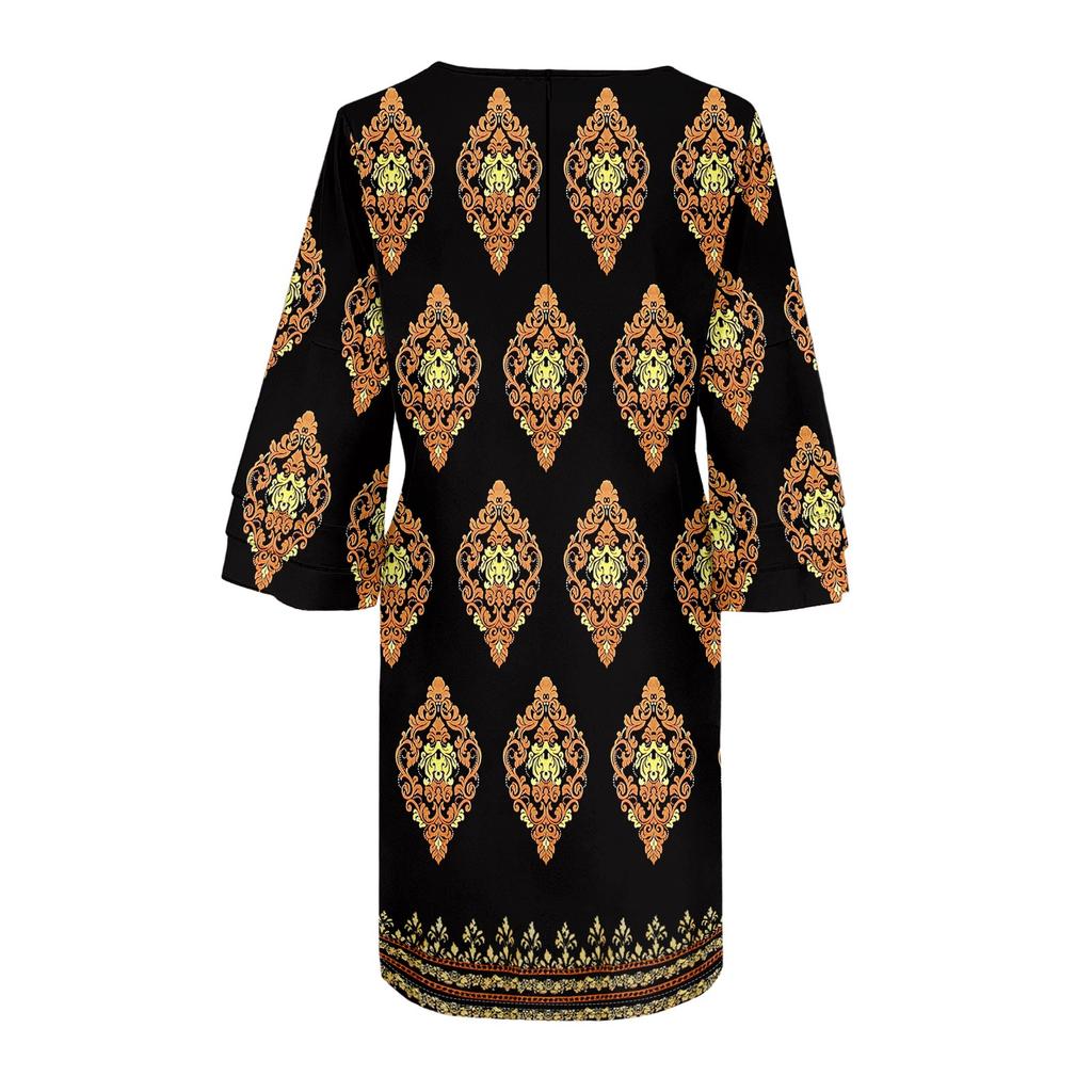 Dámská móda Temperamentní elegantní šaty s čerstvým potiskem a výstřihem do V s 3/4 rukávy