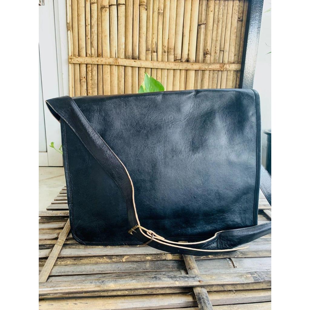 New Leather Vintage Black Messenger Shoulder Laptop Bag Briefcase (Free Sling Brown Bag Size - 9 X 7 X 3 In )