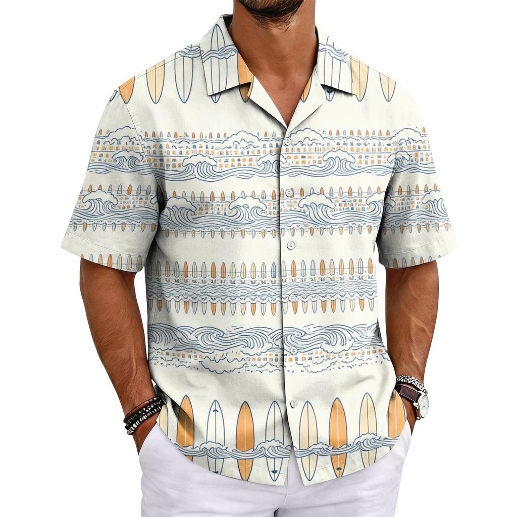 Herren Sommer Hawaiianhemd Kurzarm Kubanischer Kragen Knöpfe Casual Leichtes Atmungsaktives Gewebe Strandurlaub Hemd