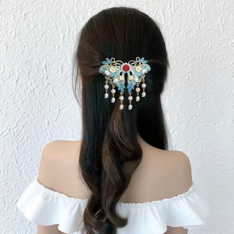 Style Ancien Bleu Brûlé Nuage Auspicieux Perle Frange Épingle à Cheveux Pince de Bordure Clip Haut de Gamme Accessoires pour Cheveux Épingle à Cheveux Headgear