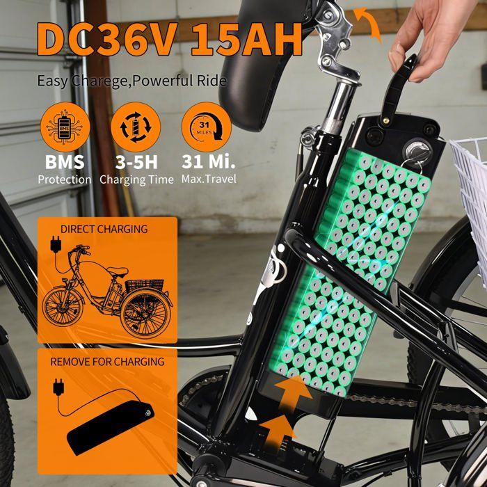 6MSKS 24" elektrische driewieler 250W krachtige motor 36v15ah afneembare batterij langste actieradius 31 mijl recreatie