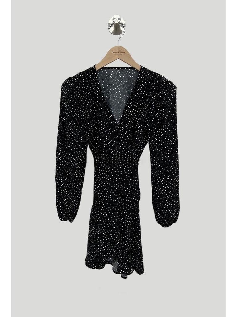 Women's Petite French Polka Dot V-Neck Long-Sleeve Belted Dress - Short Skirt for Spring & Autumn.