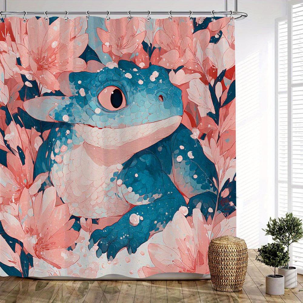 1Pc Fantasy Lizard Bath Curtain - Blue Creature With Pink Eyes, Textured Scales & Blooming Pink Flowers Watercolor Design
