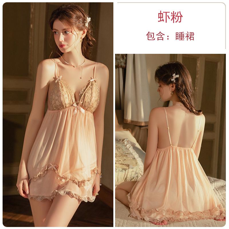 Clear soft yarn lace splicing plus chest pad deep V temptation suspender nightdress robe loungewear set