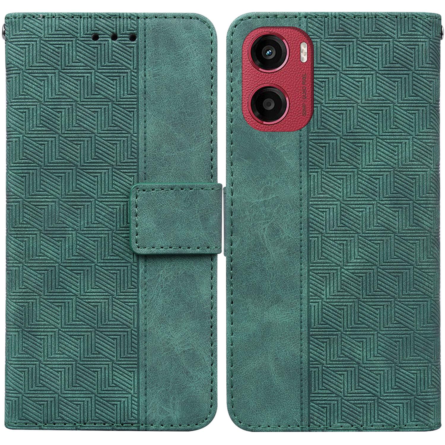 

For Motorola Moto G05 4G/E15 4G Case Geometry Pattern Leather Wallet Phone Cover with Wrist Strap Green