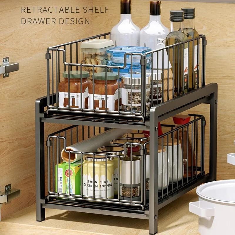 Under Sink Shelf Cabinet Organizer  2-Layer Removable Pull-Out Kitchen Under Sink Organizer Storage Rack with Drawers
