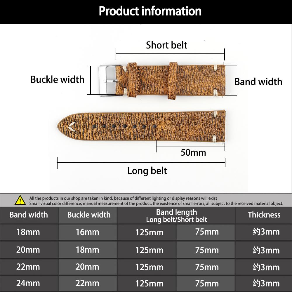 Retro Leather Watch Band 18mm 20mm 22mm 24mm Cowneck Pattern Stainless Steel Pin Buckle Watch Strap Replacement for Men Women