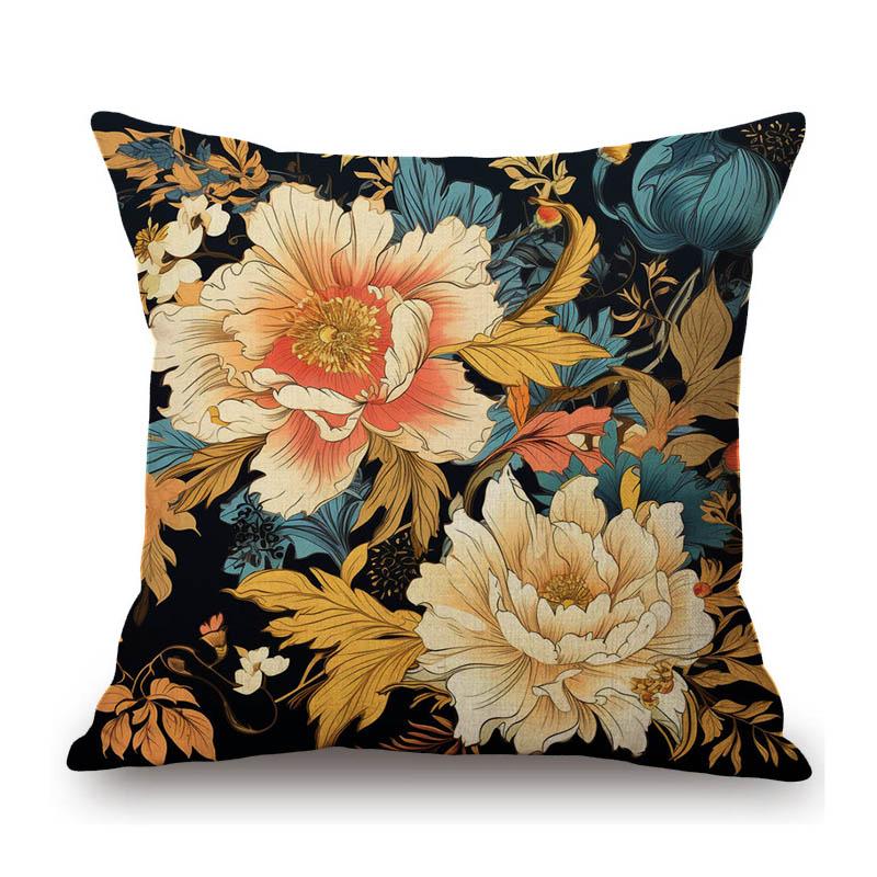 Red Yellow Flower Pattern Peony Rose Home Decoration Royal European Style Cotton Linen Sofa Throw Pillow Case Cushion Cover