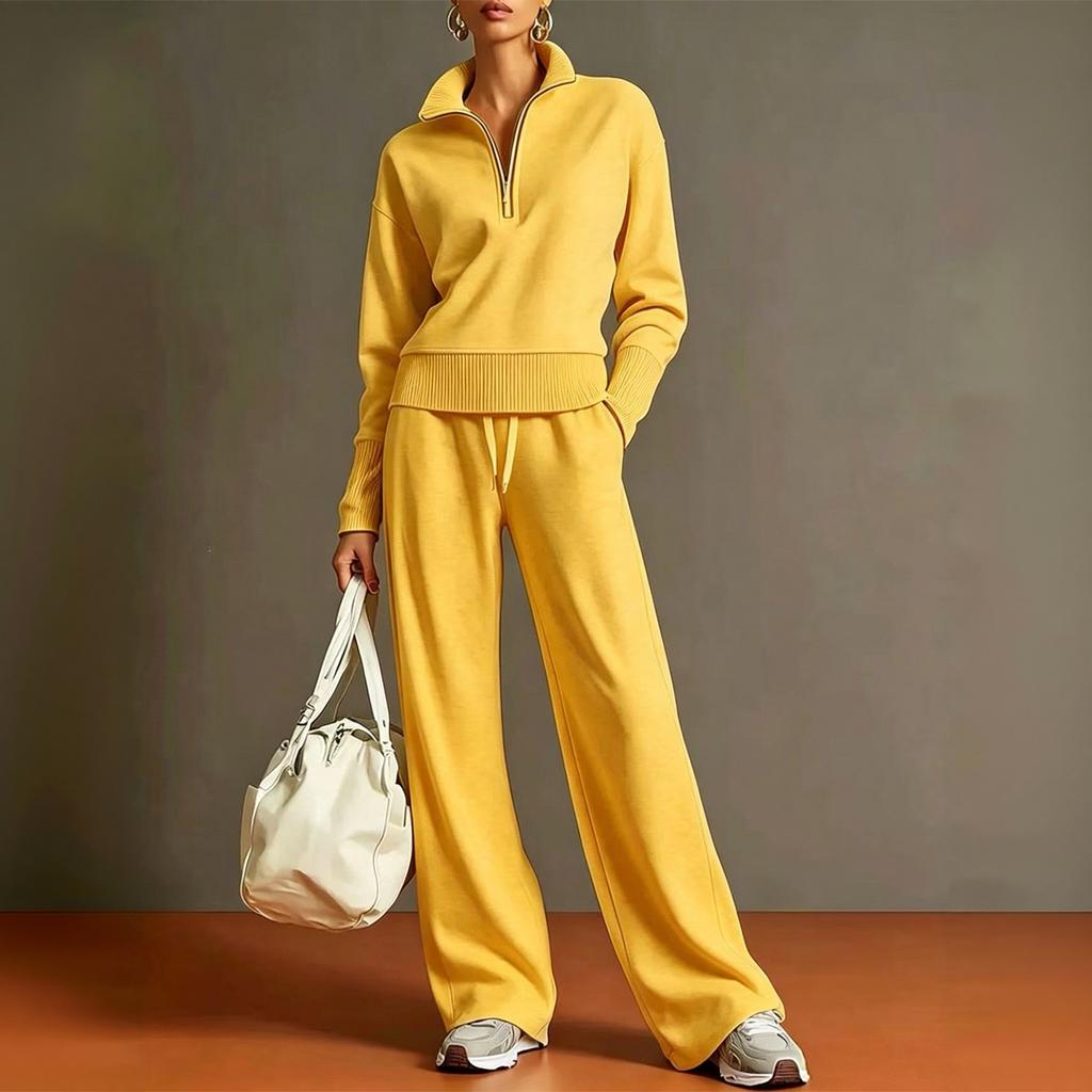 Conjunto de Dos Piezas de Punto para Mujer Suéter con Media Cremallera Manga Larga Cuello Plegable Pantalones de Pierna Ancha Conjunto para Estar en Casa