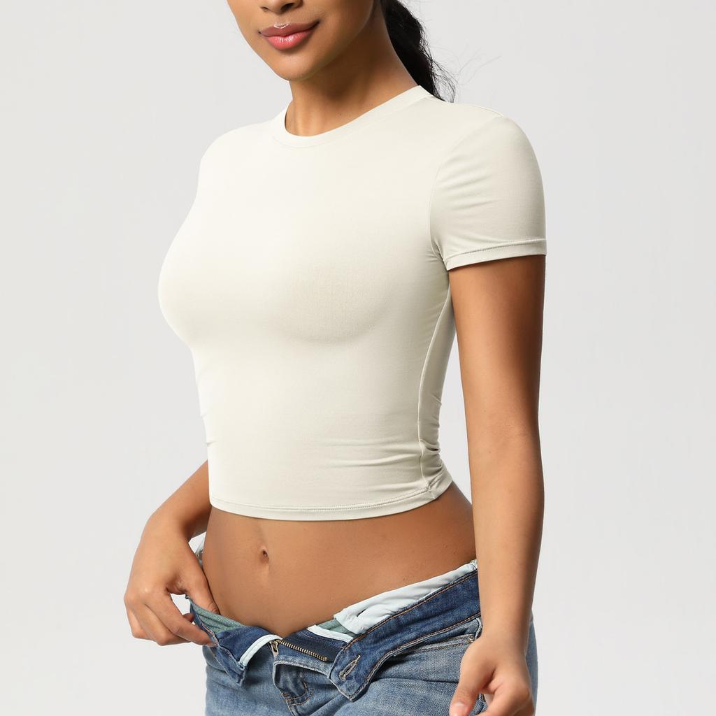 Double Sided Nylon Casual Tight Quick Drying Pilates Top Yoga Suit Short Sleeved Running Fitness T-shirt