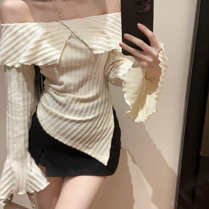Korean-Style Irregular Design Bell Sleeve Off-Shoulder Women s Top for Autumn/Winter Large абрикосовый
