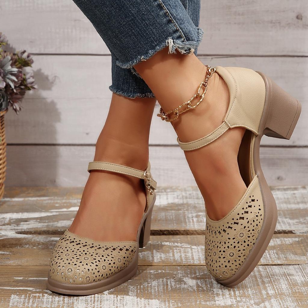 Fashion Ankle Strap High Heels Sandals for Women 2025 Summer Hollow Out Breathable Pumps Woman Comfortable Chunky Heeled Shoes