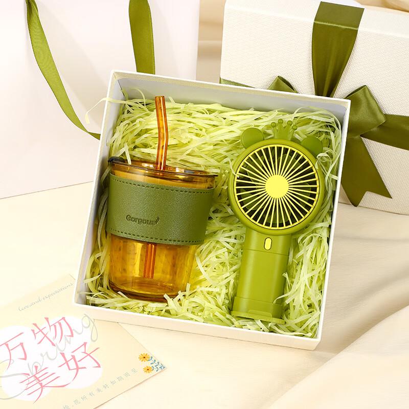 Pearl White Bamboo-Shaped Glass Cup with Mini Fan Gift Set