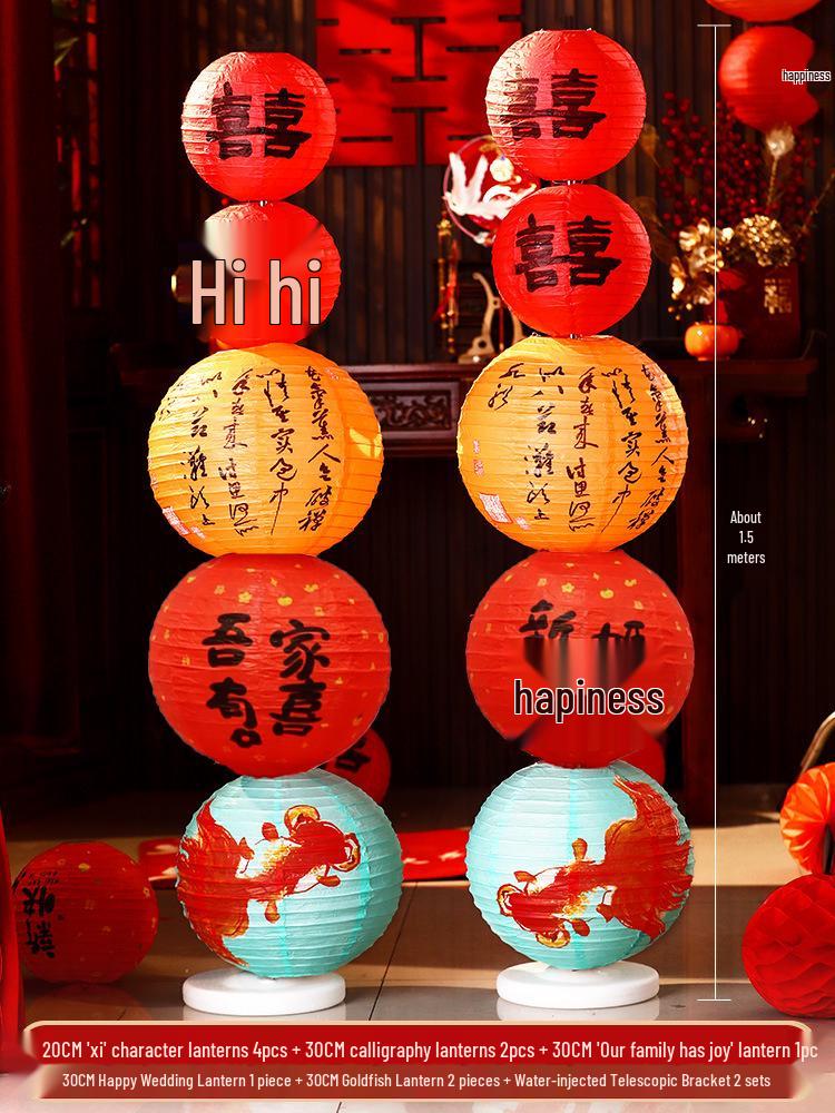 Double Happiness Chinese Wedding Room Decoration Set with Lanterns & Honeycomb Ornaments for Bedroom Photo Props