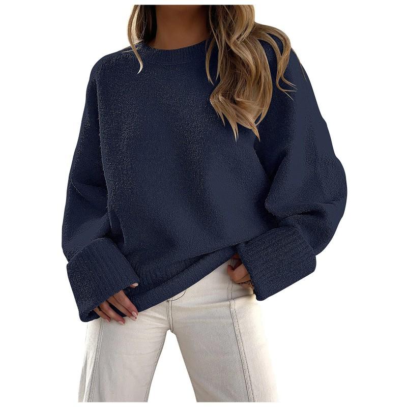 Womens Oversized Crewneck Long Sleeve Fleece Knit Sweater Fall Winter 2026 Soft Warm Casual Streetwear