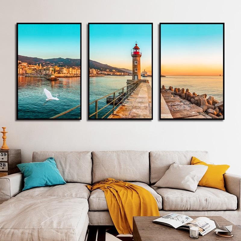 Bellissimo Paesaggio di Città Costiera Tramonto Crepuscolo Cavalletto Faro Poster Pittura su Tela Per Soggiorno Casa Arte Decorazione Moderna