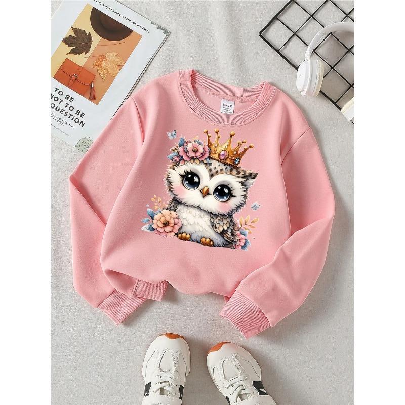 Adorable Sweatshirt Featuring an Owl, Crown, Flowers, And Butterflies, Perfect for Girls' Fashion