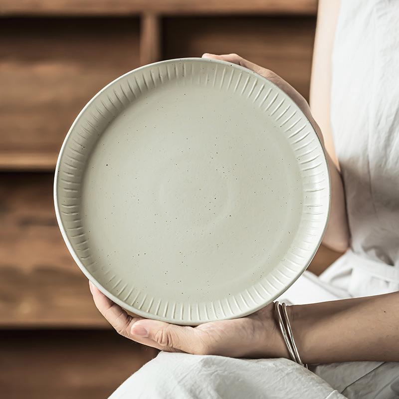 Retro Style Simple Ceramic Dish Household Plate Creative Relief Western Food Light Luxury Tableware Solid Color Steak Plate