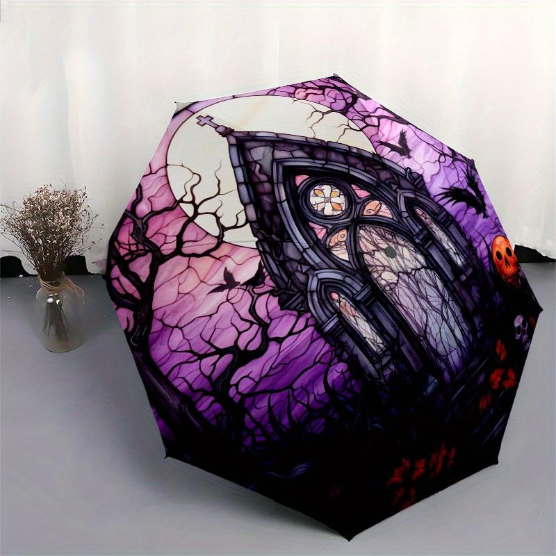 Gothic Moonlit Cemetery Stained Window Art PrintUmbrella, Portable 3-Fold Compact Umbrella,Christmas Gift ES453