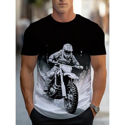 Europäische Größen[Motorrad Grafik T-Shirt] Strapazierfähiger Stoff Herren Freizeit Motorrad Grafik T-Shirt | Schwarz-Weiß Druck, Kurzarm