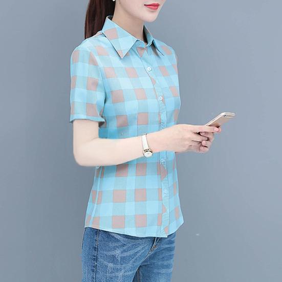 Women Shirt Flower Plaid Pattern Regular Style Shirt Buttons Placket Casual