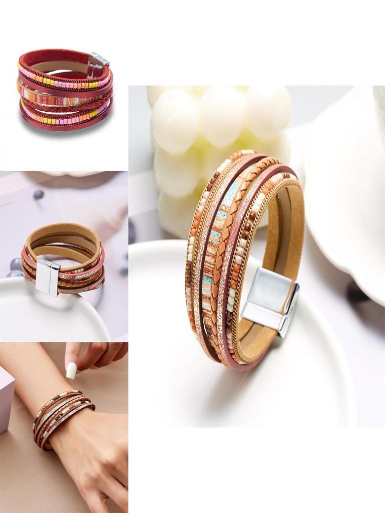 Mehrlagiges Lederarmband im Bohème-Stil mit Akzenten aus Kupferlegierung für Männer