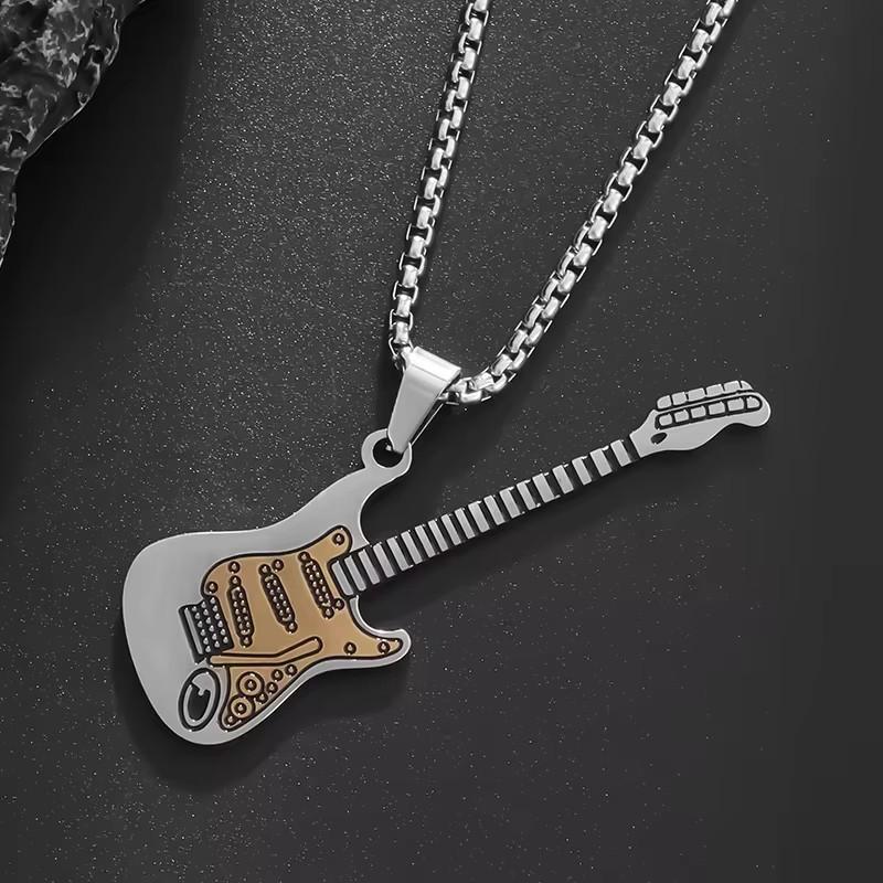 Fashion Two‑Tone Guitar Pendant Necklace for Men and Women, Trendy Stainless‑Steel Musical‑Instrument‑Shaped Jewelry Accessory