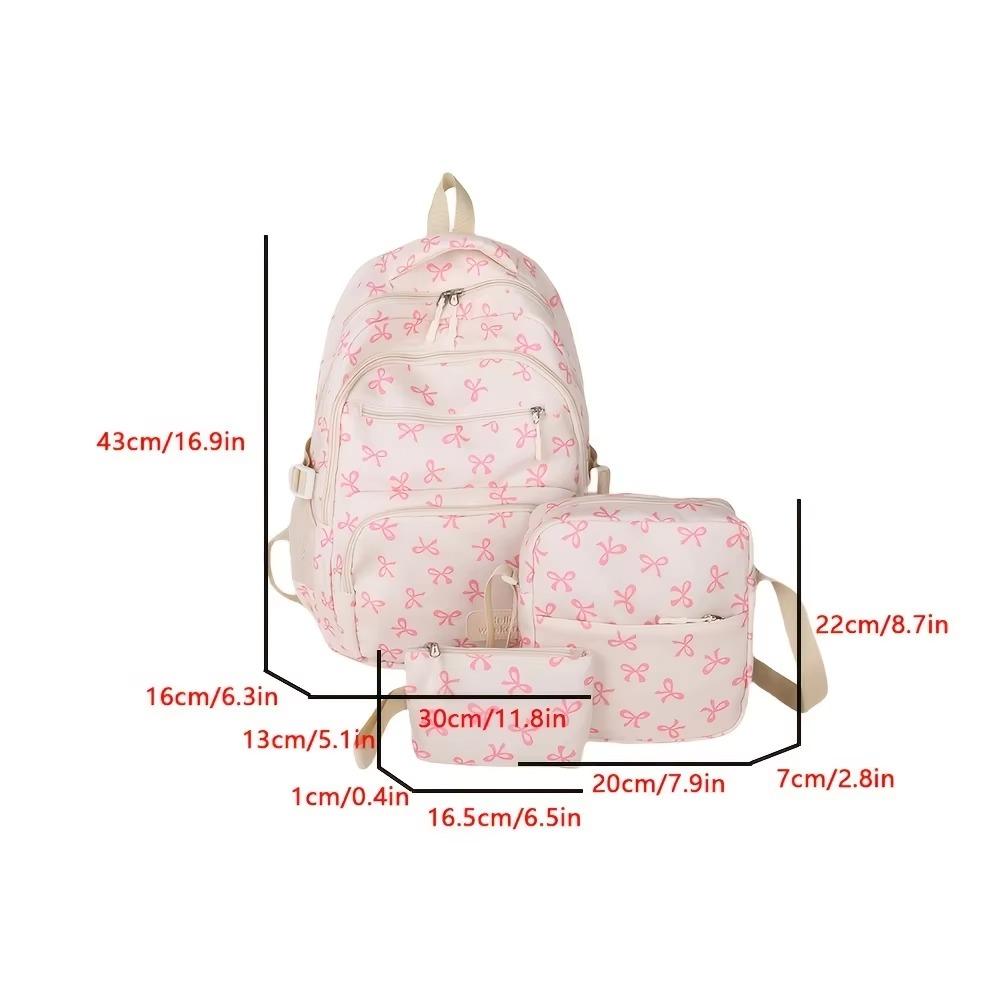3 Pcs/Set Fashion Large Capacity Bow Backpack Nylon Adjustable Strap Student Backpack Bow Print School Bag