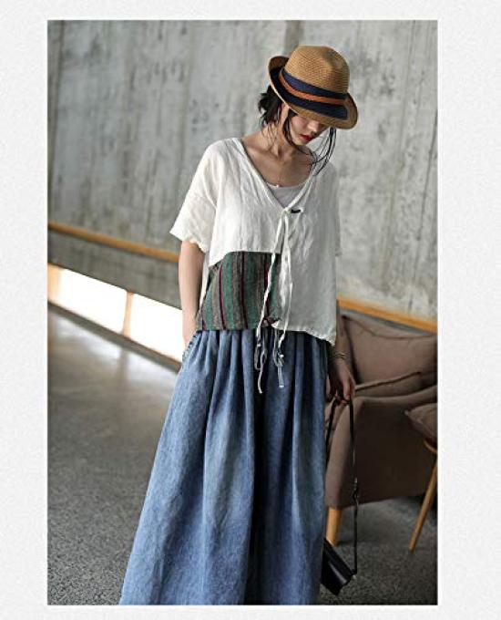 TRTRO Wide-Leg Denim Gaucho Pants Women One Size Blue