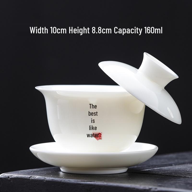 High-Grade Mutton Fat Jade Rotating Lid Bowl and White Porcelain Teapot Set