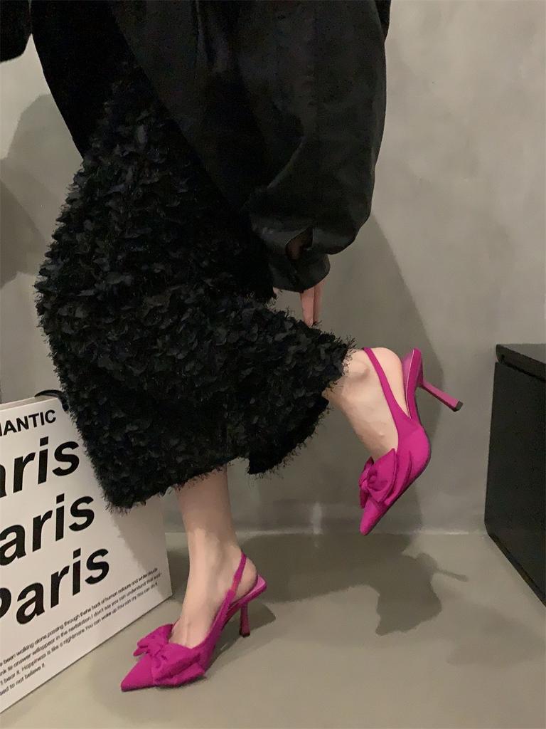 Fairy Style Sandals with Skirt French Bag Head Single Shoes Evening Style Bow Pointed Head Stiletto High Heels Spring Women's Shoes