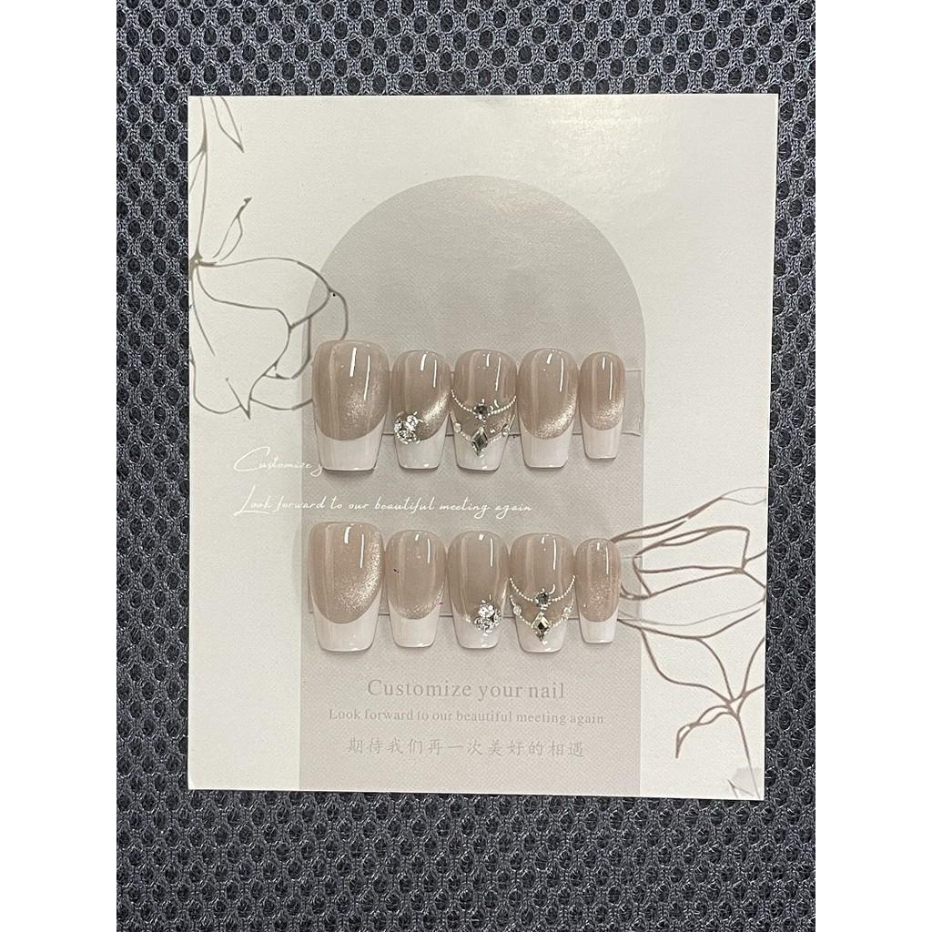 HANDMADE Artificial Nail French Cat's Eye Diamond Necklace Phototherapy Nails Fake Nails Reusable and Removable Nails