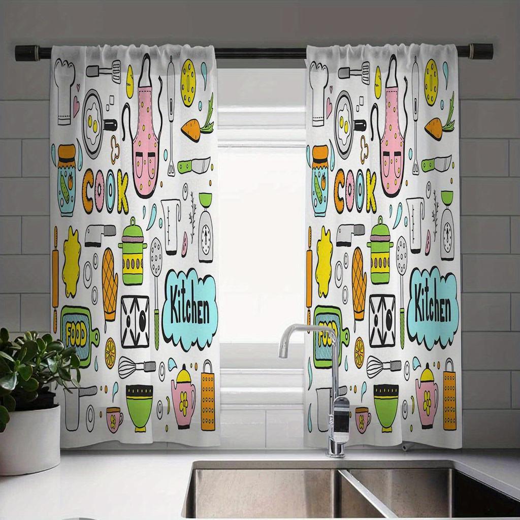 2pcs Charming European Tableware Design Vintage Style Window Curtains for Kitchen, Cottage, Living Room and Bedroom Decoration
