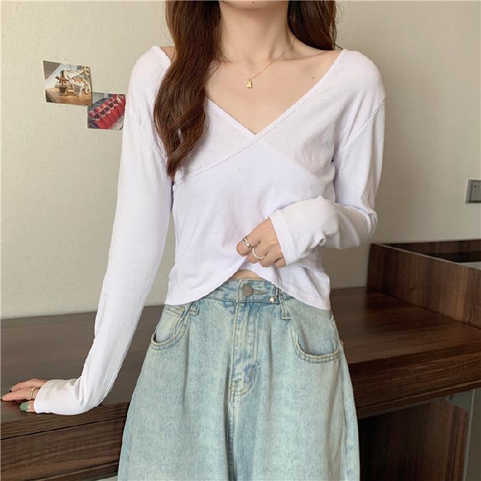 Kurzärmeliges Neues Damen Sommer Trendiges Slim Fit V-Ausschnitt Nabeltop Cross T-Shirt Frühling und Herbst