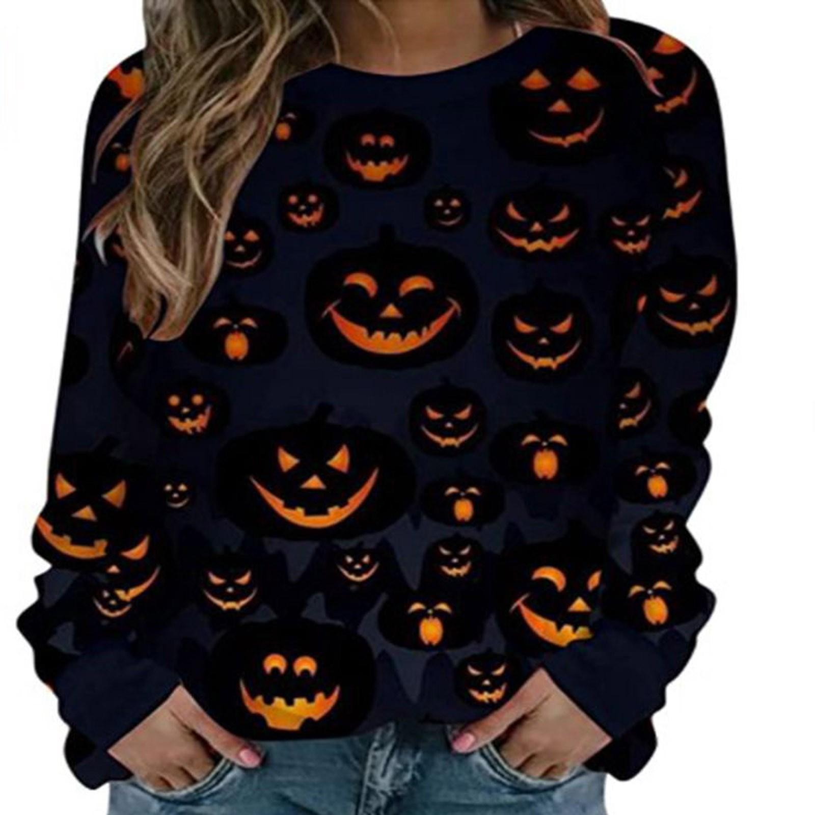 

Fashion Women Halloween Print Party Round Neck Long Sleeve Socket Head Tops L чорний
