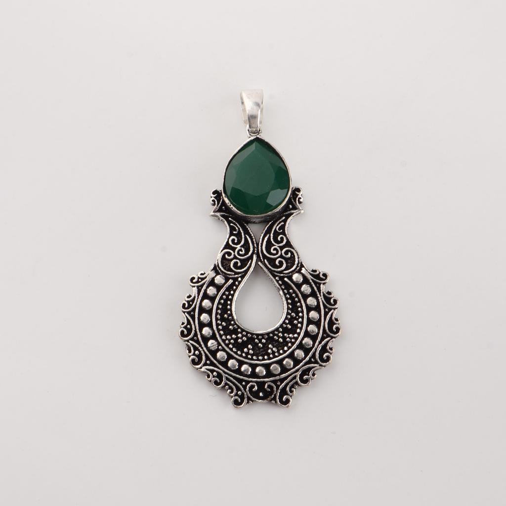 Green Onyx Gemstone 925 Sterling Silver Women Jewelry Partywear Chain Pendant 1.8" For Wife CP-45-19