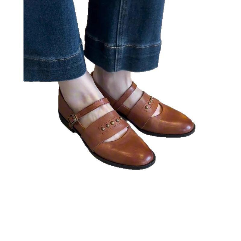 Cowhide Version~ Genuine Leather Retro Rivet Mary Jane Single Shoes Women's One-word Loafers with Round Head British Style Small Leather Shoes