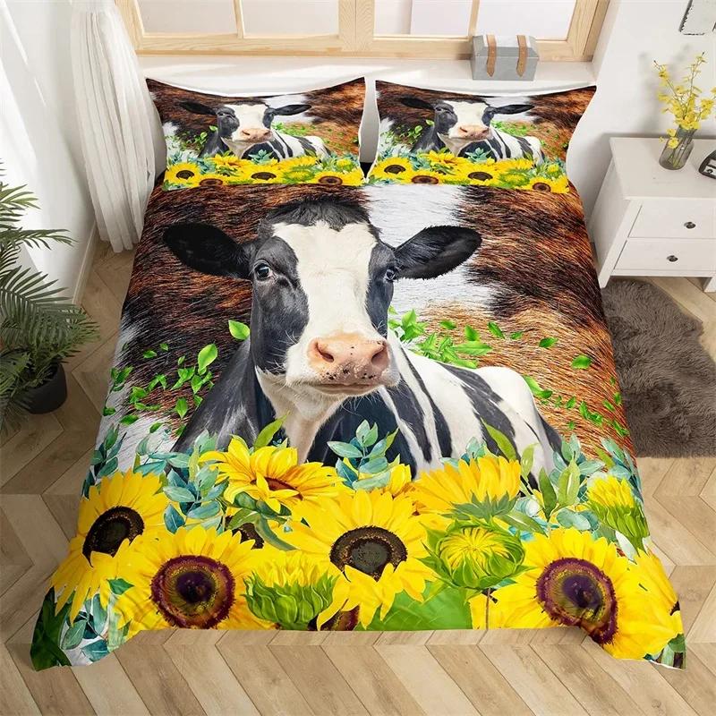 Comforter Sunflower Highland Cow Western Farm Animal Bedding Set Cowhide Comforter Microfiber Twin King Queen Bedclothes