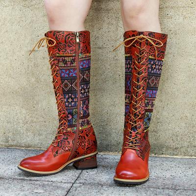 High Women's Patchwork Suede Boots & Lace Up Leather Cowboy Boots
