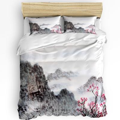 Crane Plum Tree Pavilion Ink Chinese Style 3Pcs Bedding Set For Double Bed Home Textile Duvet Cover Quilt Cover Pillowcase