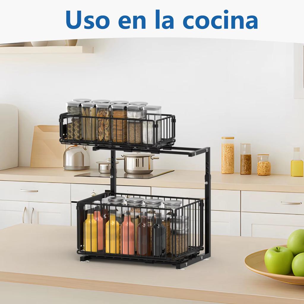 2-level sliding drawer under sink, adjustable kitchen storage rack, removable cabinet organizer, spice jar storage rack