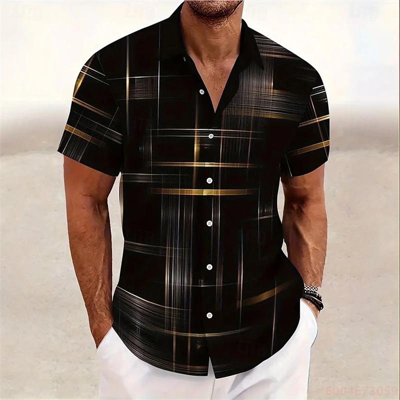 Camisa de Manga Corta con Estampado de Ola Degradado Negro y Dorado para Hombre 2026, Nuevo Top Casual de Verano, Camisa Hawaiana, Tejido Cómodo