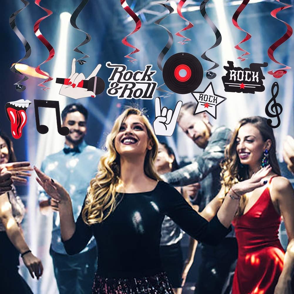 Easy Joy 10 PCS Rock and Roll Party Decorations Hanging Swirl Decorations Guitar Record Sign Rock Star Hanging Swirls Ceiling Party Decor for 50's