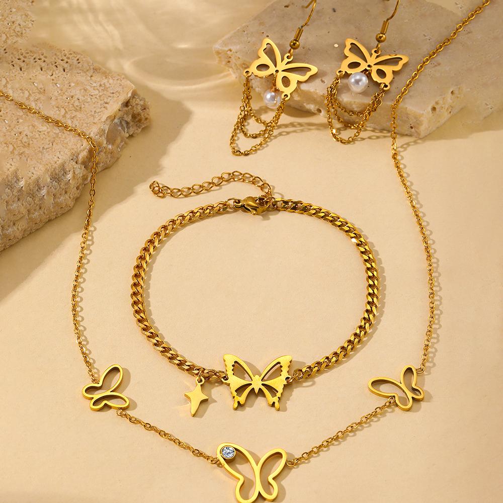 

DGIDDK Stainless Steel Hollow Butterfly Pendant Necklace Bracelet Earrings Set Fashionable And Unique Commuter Accessories Gift