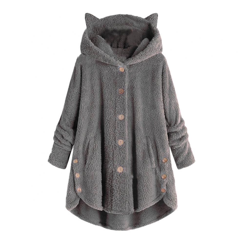 Fleece Women Winter Coat Cute Cats Ears Hooded Spring Fluffy Jacket Irregular Hem Buttons Jacket Oversize Soft Kawaii Plush Coat