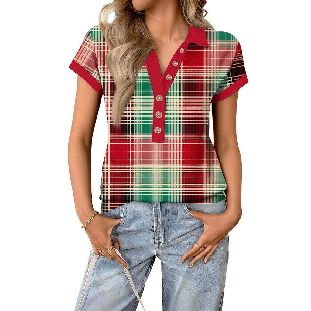 Women's fashionable and casual summer V,neck patchwork short,sleeved plaid print top