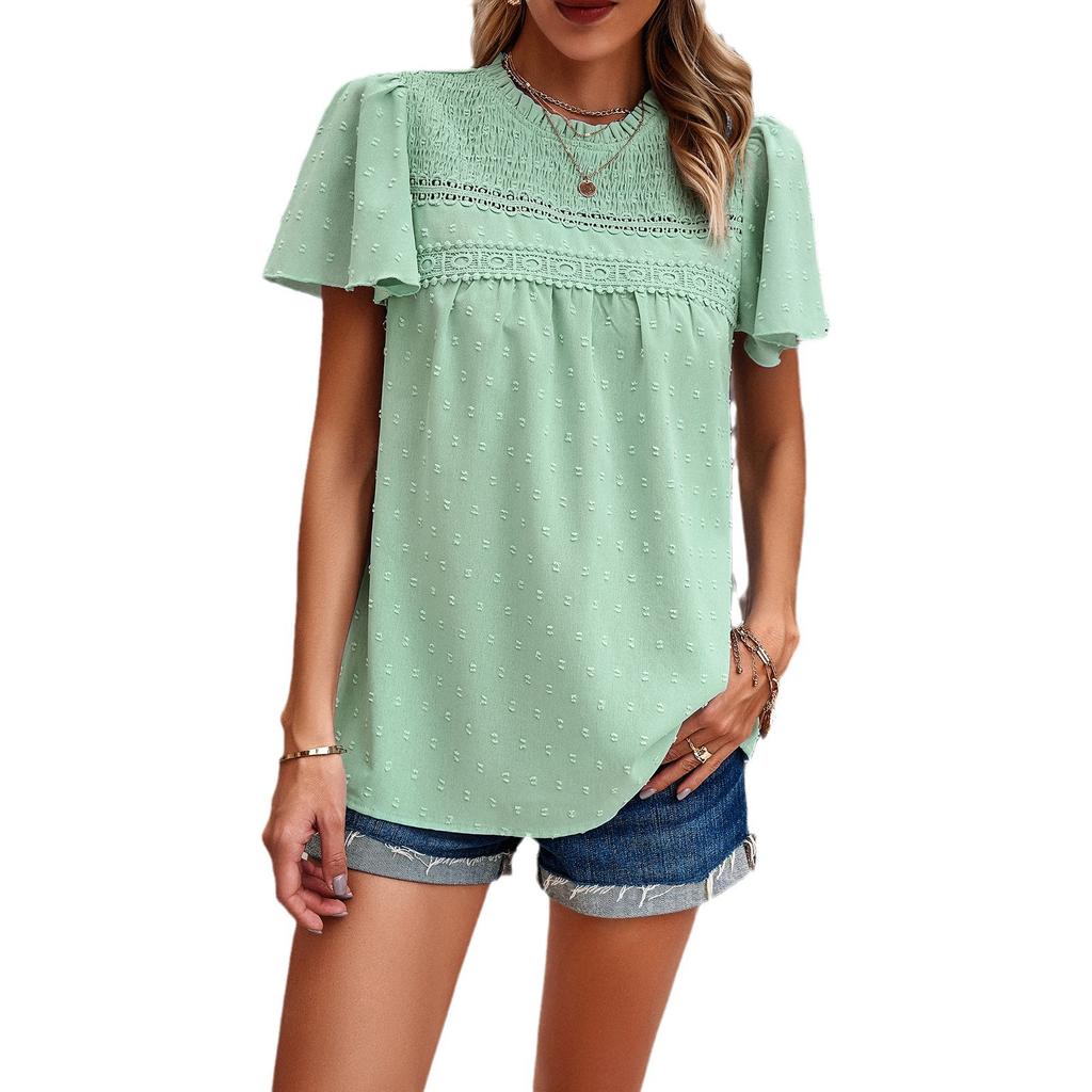 Diyun European and American Women's Clothing Spring and Summer Temperament Solid Color Short-sleeved Lace Top