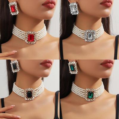 European Luxury Multi-layer Faux Pearl & Colorful Crystal Geometric Necklace & Earrings Set